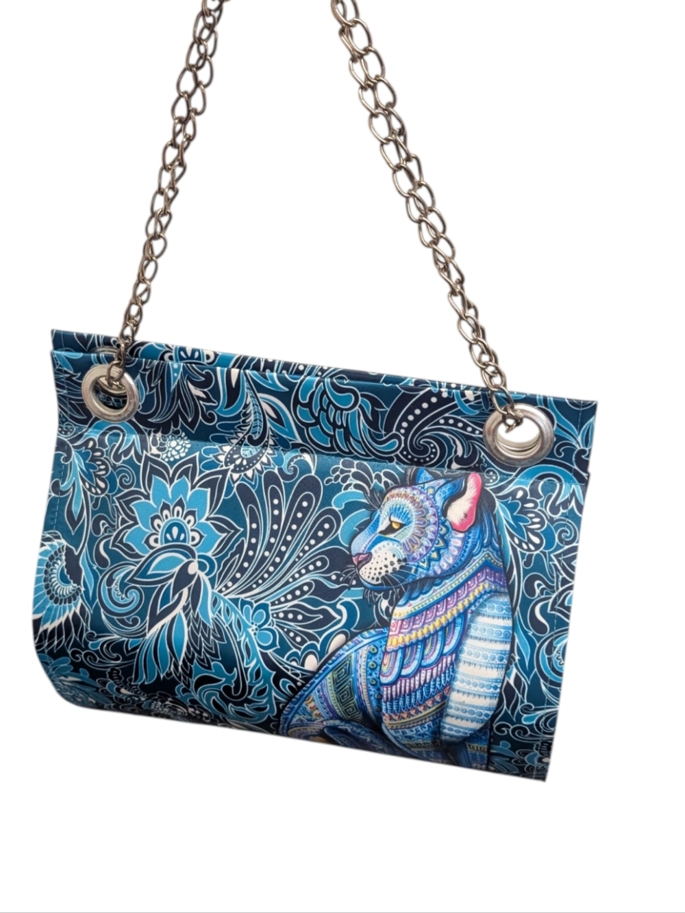 !AY GUEY! Blue Satin Cat Print Shoulder Bag- New